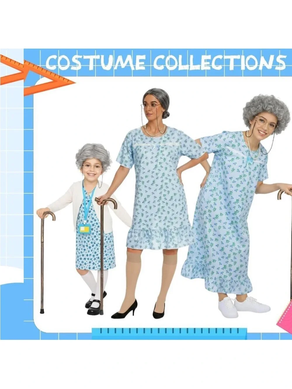Old Lady Wig Costume Set for Women Gray Hair Granny Cosplay Halloween Party